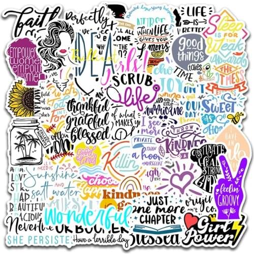 50pcs English Letters Sticker Inspirational Quotes Cartoon For Laptop Computer Skateboard Case Helmet Waterproof Stickers Pack