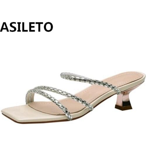 ASILETO 2021 Fashion Rhinestone Sandals Shiny Slingbacks Narrow Band Crystal Slip On 3cm Strange Heel US12 Beige Apricot A4299