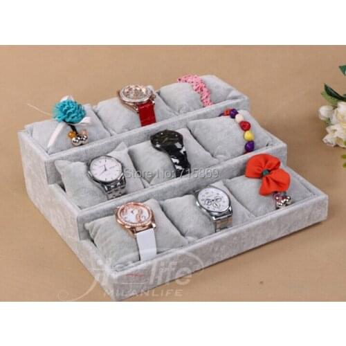 Free Ship 1pcs Gray wood+Velvet Jewelry Display Case 12 Grid Pillow Watches Bracelet