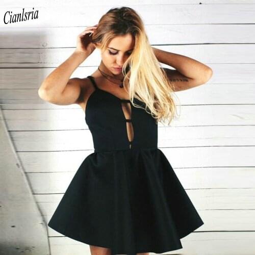 Black Open Back Spaghetti Strap Mini Homecoming Dresses Sleeveless Simple Satin Short Cocktail Graduation Dress