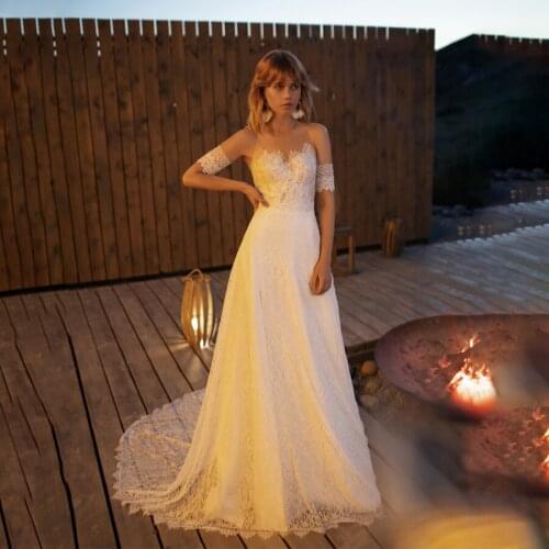 Sheer Neckline with Lace Applique A-line Lace Wedding Dress with Detachable Sleeves Sexy Bridal Dress vestido de festa de