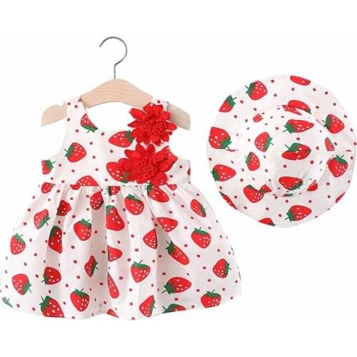 Kids Dresses Baby Girls Clothing 2021 Summer New strawberry Printing With Hat Beach Sweet Holiday Children Girls Dress 0-3 y