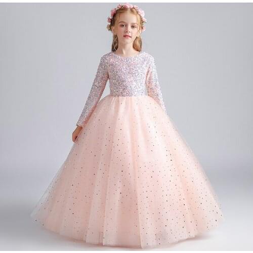Flower Girl Dresses Illusion Luxury Princess Full Sequined O-Neck Ball Gown Floor-Length Tulle Elegant Lace Kid Party Skirt H076