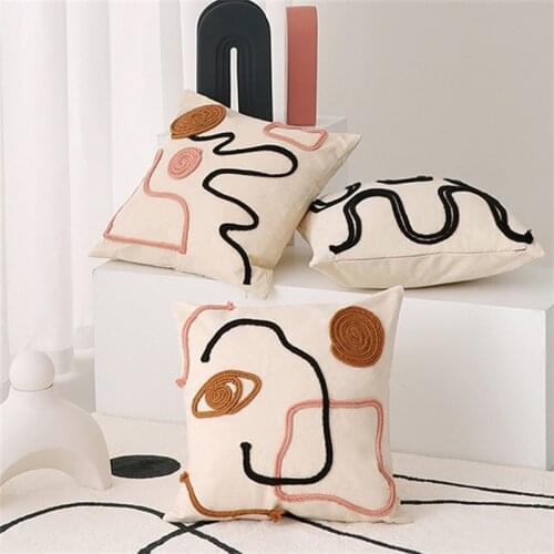 Line Art Cushion Cover Cotton Embroidery Abstract Pillowcase 45*45 Home Decorative Pillows for Sofa Living Room Bed Nordic Cover