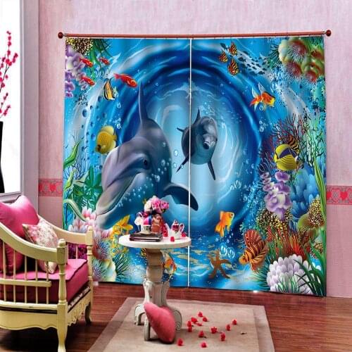 Customized Photo 3D Stereo Underwater World Dolphin Window Curtain Kids Bedroom Color coral Blackout Drapes Home Decor Sets