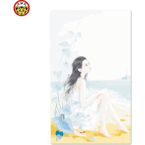 Painting by numbers art paint by number Eager to wait, pure Asian girl summer little fresh girl illustration fish bowl red gold