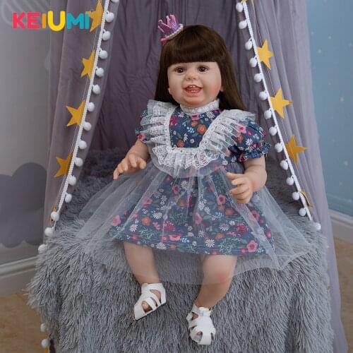 KEIUMI 27Inch Smiley Pasted Wig Hair Reborn Baby Girl Floral White Gauze Skirt Soft Touch Alive Reborn Baby Doll