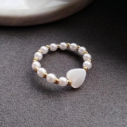 Korean Fashion Elastic Rope Pearl Beads Ring Elegant Simple Female Heart-shaped Gold Ring Charming Women Party Jewelry Girl Gift
