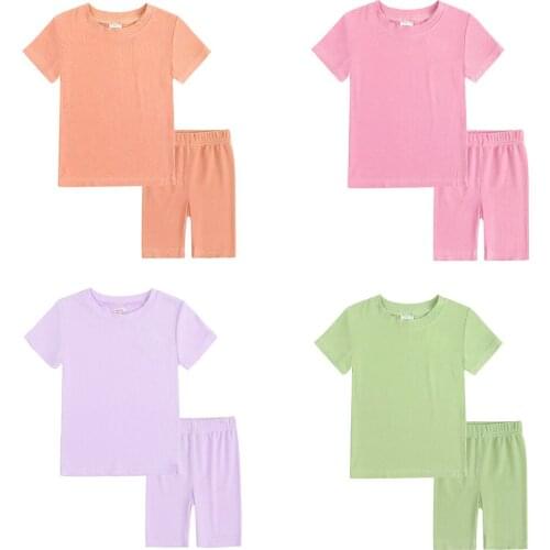 2021 Summer Comfortable Short Sleeve Tops + Pant Kids Clothes Solid Colors Clothing Set Toddler Boy Girls T-Shirt Child Pajama