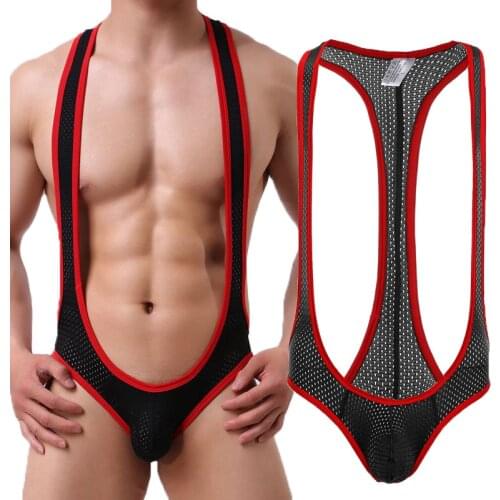 Mesh Undershirts Jockstrap Men Wrestling Singlet Jumpsuits Leotard Sexy String Homme Open Butt One-piece Bodysuits Underwear