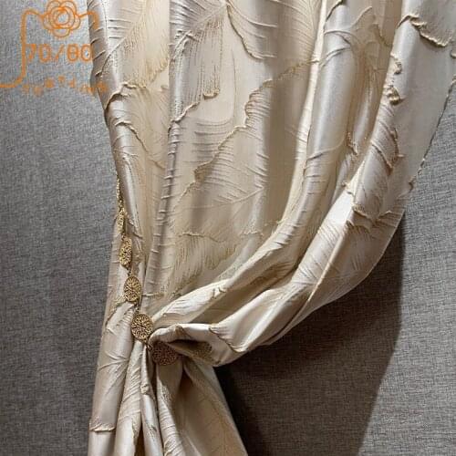 New High-precision Embossed Gold Thread Jacquard Beige Leaf Three-dimensional Curtains for Living Room Bedroom Customization