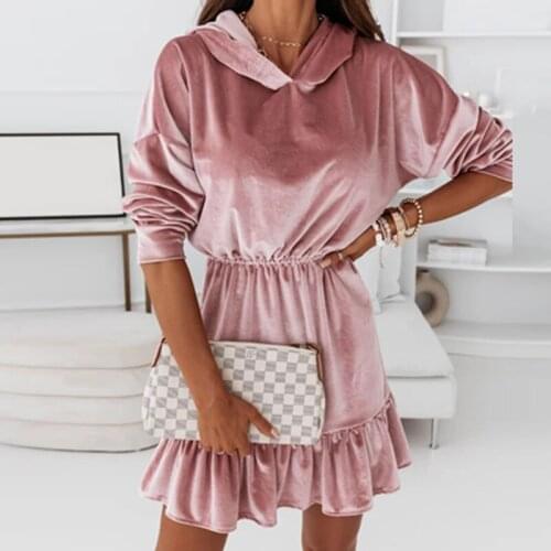 Autumn Casual Hooded Women Mini Dress Elegant Velvet Solid Ruffle Party Dress Fashion Long Sleeve Elastic Waist Pullover Dress