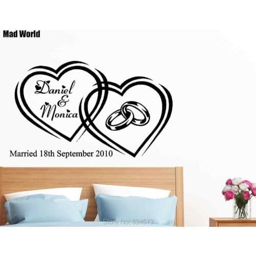 Personalised Name Hearts Wedding Date Wall Stickers For Wedding Bedroom Home Decor Removable Vinyl Art Mural WT005