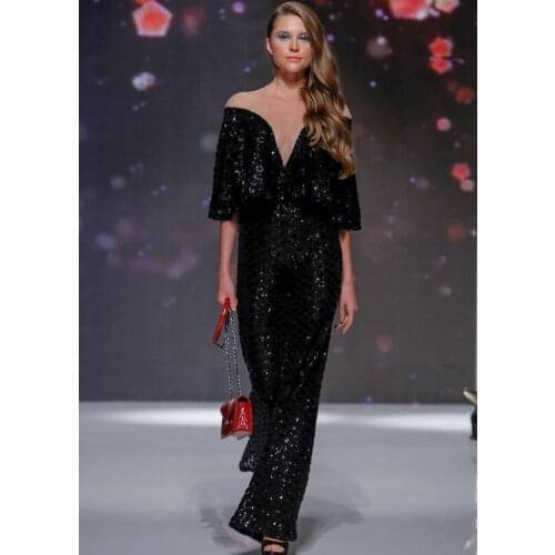 Latest Fashion Show Hot Selling Celebrity Women Black Sequin Long Dress Elegant Half Sleeve Sparkly Cocktail Gown Party Vestidos