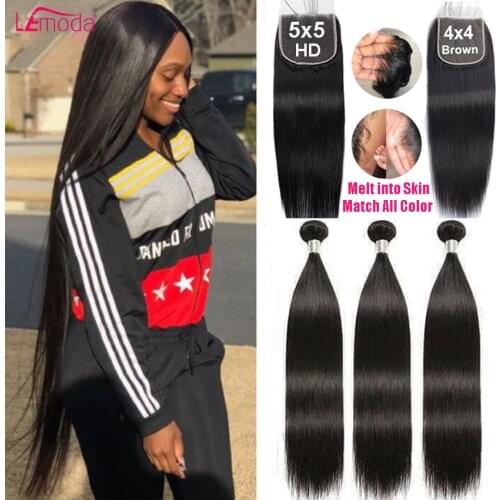 5x5 HD Lace Closure With Bundles Straight Bundles With Closure Transparent Frontal Brazilian Lemoda Remy Hair Weave Extension