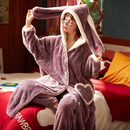 Plus Size Women Sleepwear Keep Warm Medium Style Intensification Pyjamas Winter Pajamas Plush Nightgown Hooded Set Loose Version