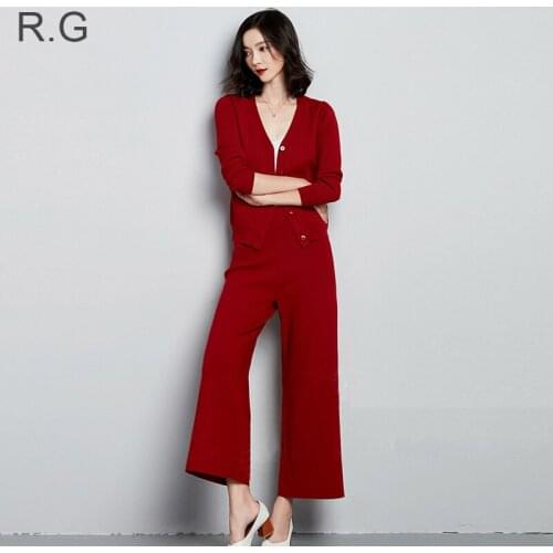 RG Elegant Sweater Pant Suits 2 Piece Set Women Casual V-Neck Knitting Cardigan Blouse Wide Leg Pants Suit Sets Autumn Winter