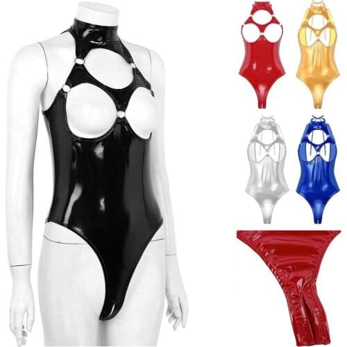 Sexy Fetish Patent Leather Open Crotch Thong Leotard Metal Ring Cupless Wet Look One Piece Teddies Bodysuit Swimsuit Lingerie