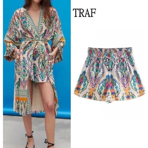 TRAF Za 2021 Womens Shorts Summer Vintage Print High Waist Fashion Shorts Loose Woman Clothes Elegant Holiday Casual Shorts