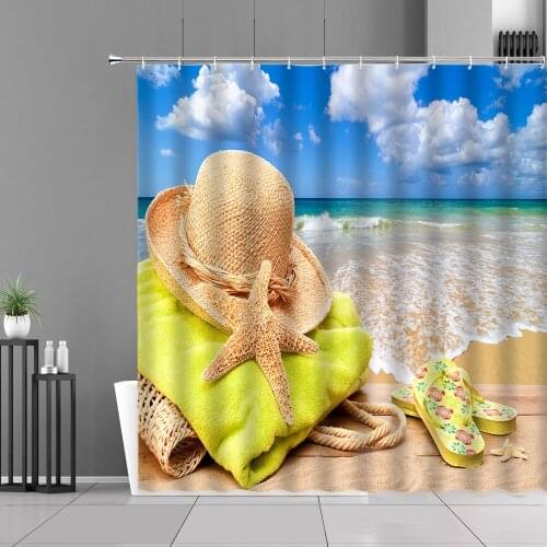 Sea Scenery Shower Curtains Starfish Conch Blue Sky Beach Bathroom Curtain Waterproof Polyester Fabric Bathtub Screen With Hooks