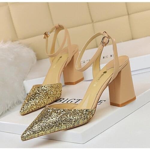 Sexy High Heels Sequined Bling Shinning Glitter Luxury Woman Spring Summer Ankle Strap Pointed Toe Pumps Wedding Party Shoes New