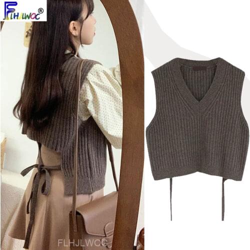 Winter knitted top pullover v neck sleeveless design korea Japanese preppy style girls bow tie sweater woolen vest vest 10327