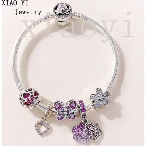 XIAOYI 2020 New 100% S925 Purple butterfly love flower gentle temperament suitable for wedding party bracelet to send girlfriend