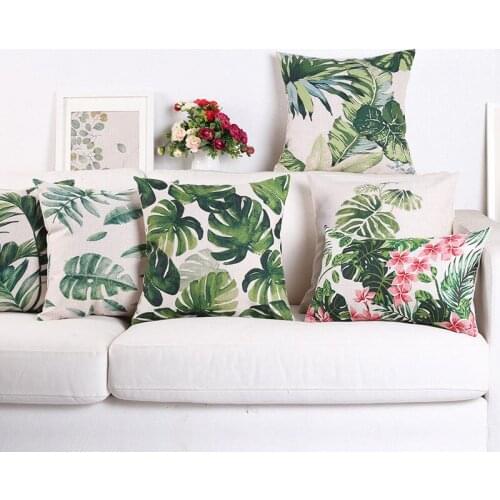 Green Tropical Cotton Linen Pillow Case Waist Throw Cushion Case Home Soft Room Gifts Single Sides Printing