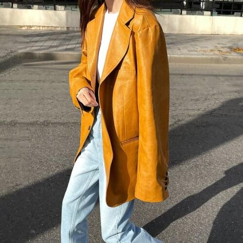 2021 Women Autumn Yellow Faux Leather Jacket Coat Single Breasted Loose Outerwear Neutral Style