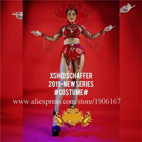 Sexy girl red pendant crystal dance team female costumes catwalk model show stage performance bikini suit with headdress clothes