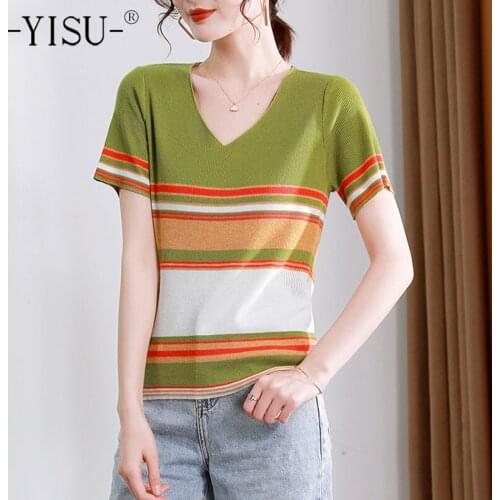 YISU Slim Women Wool Summer Thin section Sweater V-Neck Female Casual Jumper stripe 2021 New Short sleeve Knitted Pullover