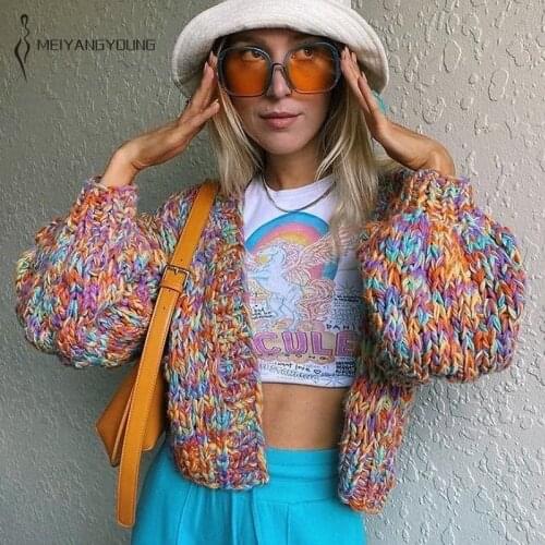 MEIYANGYOUNG Open Stitch Thick Knittend Cardigan Women Sweaters Loose V Neck Chi Oversize Short Cardigans Female Coat Winter