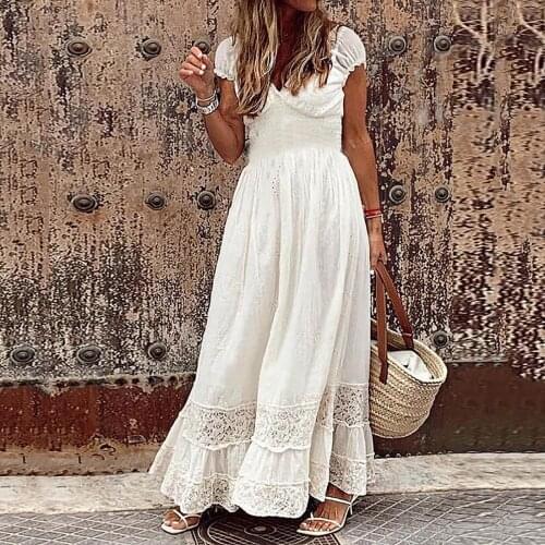 Womens Bohemian Lace White Dresses Sleeveless Soild Color Plus Size Sundress Hollow Long Party Beach Dress Белое Платье