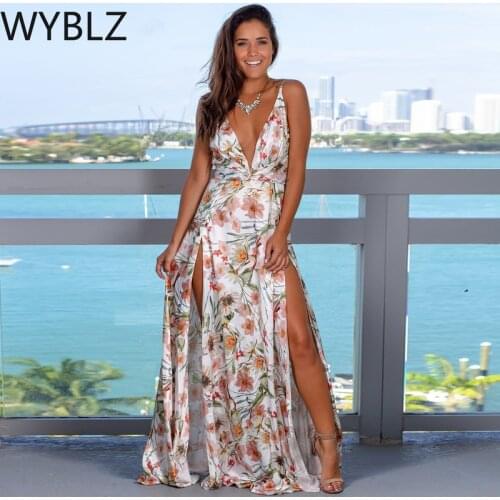 WYBLZ 2021 Summer Women Dress Floral Sexy Maxi Dresses Side Split Backless Robe Elegant Club Evenning Party Beach Long Dress