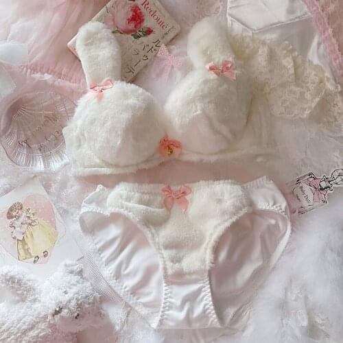 Women Girls White Pink Lolita Kawaii Lingerie Plus Size Push Up Bra Panties Winter Sexy Cute Velvet Bra and Panty Set Underwear