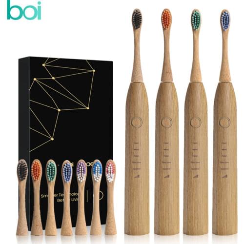[boi] IPX7 Bamboo Wood Material With 3 Brush Heads Natural Environmental Friendly Teeth Clean Aldult Sonic Electric Toothbrush