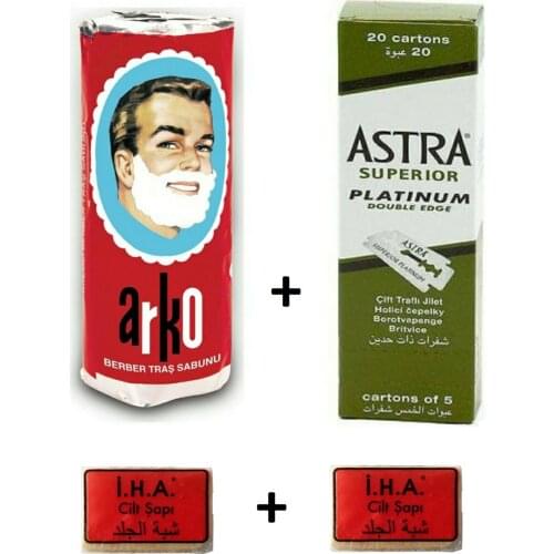 100 Astra Üstün Platin Çift Kenar Yan tıraş bıçağı + Arko Tıraş Sabunu + 2 Adet İHA Şap