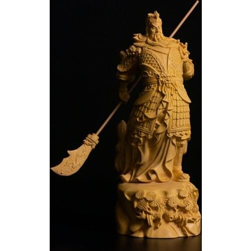 16CM Guan Yu Boxwood Sculpture Feng Shui Real Wood Guan Gong Statue Three Kingdoms Figure Home Decor