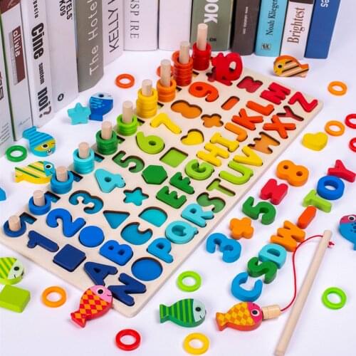 5 in 1 Kids Wooden Math Count Shapes Letters Magnetic Fishing Game Early Educational Toy for Children Toddlers Boys Girls Gift