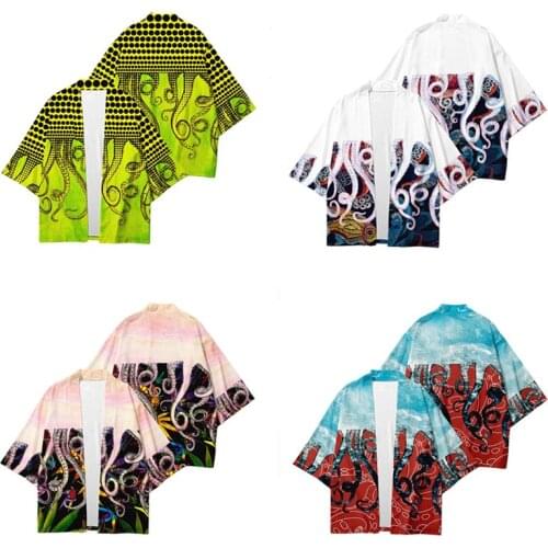 Japanese Style Octopus Print Kimono Hip Hop Cardigan Coats Harajuku Women Casual Loose Tops Streetwear Shirts