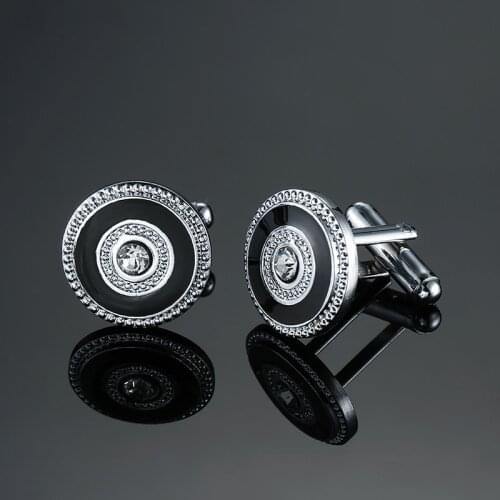 Classic Silvery Plated Black Enamel Mens Round Crystal Cufflink Luxury gift Party Wedding Suit Shirt Buttons Stripe Cuff-links