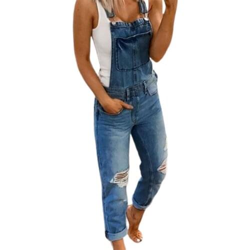 Jumpsuit Solid Color Slim Dungarees Women Sleeveless Pockets Ripped Holes Suspender Trousers for Work Jumpsuit Suspender 2021