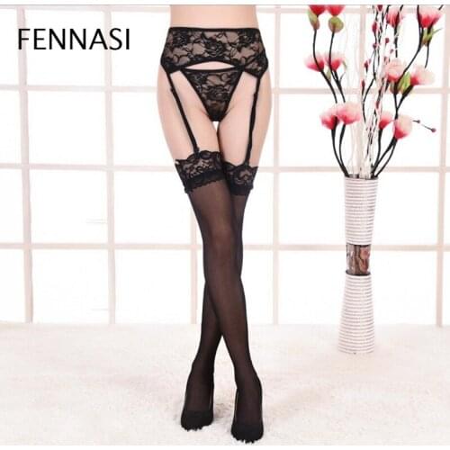 FENNASI Lace Floral Sexy Stocking Female Thigh High Fishnet Transparent Pantyhose Women Hosiery 3 Pcs Garter + Panties + Fishnet