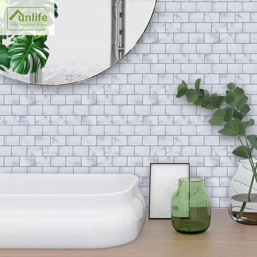 10pcs/set White Marble Mosaic Tile Wall Sticker Self-adhesive PVC Oil-proof Waterproof for Living Room Bedroom Kitchen Bathroom