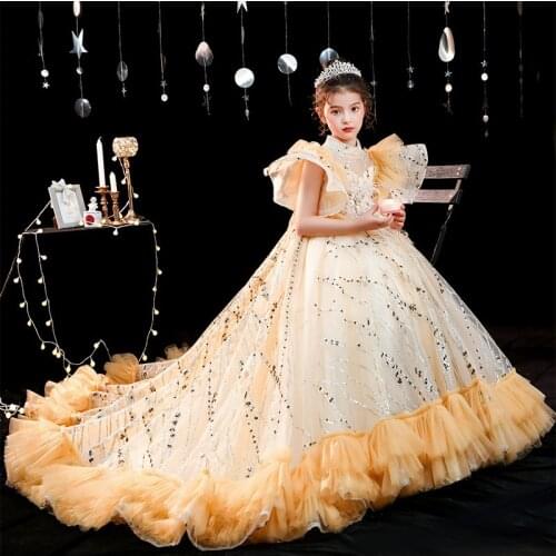 Princess Dress Kids diamond Flower Embroidery Dress For Girls Beaded sequins Children Dresses For Wedding Party Formal Ball Gown