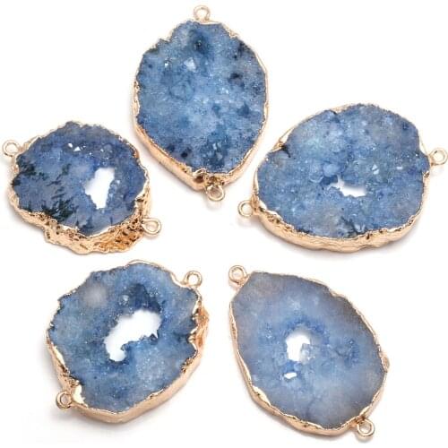 Natural Druzy Agates Pendant Connectors Irregular Gold Plated Double Hole Connectors for DIY Jewelry Making