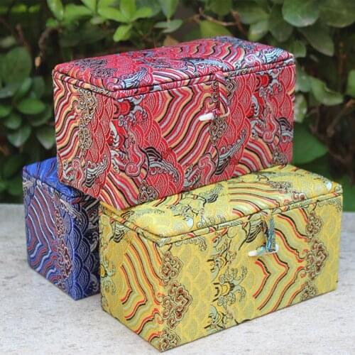 Cotton Filled Rectangle Chinese Silk Brocade Gift Box Wooden Storage Collection Case Luxury Jewelry Packaging 17x8x8cm