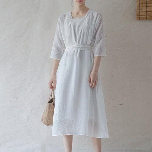SCUWLINEN Retro French Style Women Dress 2021 Vintage Square Collar Embroidery Patchwork Long Cotton Dress P366