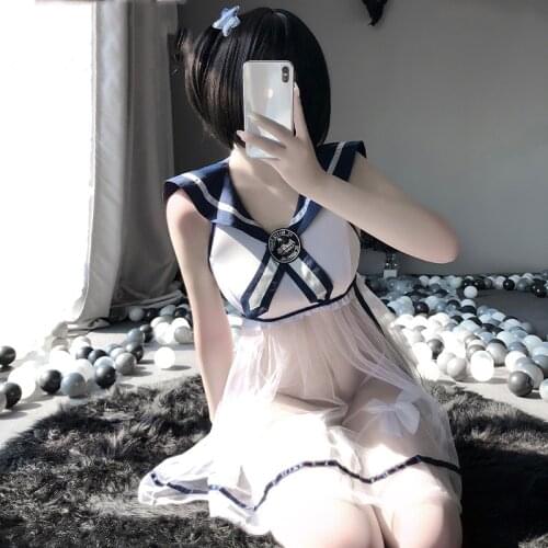Sexy Student Cosplay Costume Cute Sailor Collar Pettiskirt Sexy See-through Soft Gauze Halter Nightdress Womens Erotic Lingerie