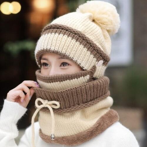 3Pcs/set 2021 Winter Womens Hat Mask Hat Scarf Thick Warm Fleece Inside Knitted Hat Scarf Set Winter Riding Fashion Cap